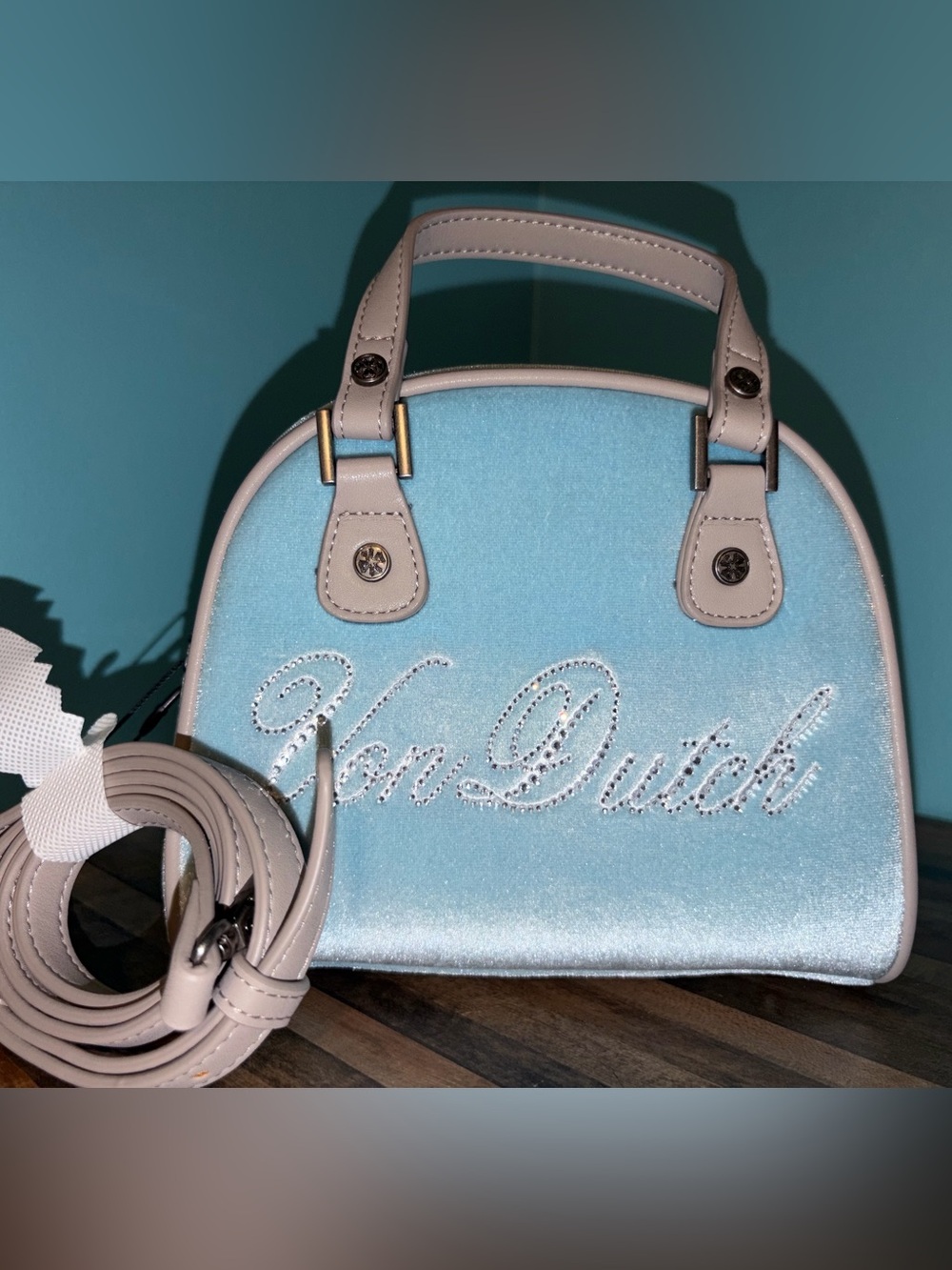 Von Dutch Light Blue Velvet Bowling Bag with Gray Trim and Rhinestones. NWOT